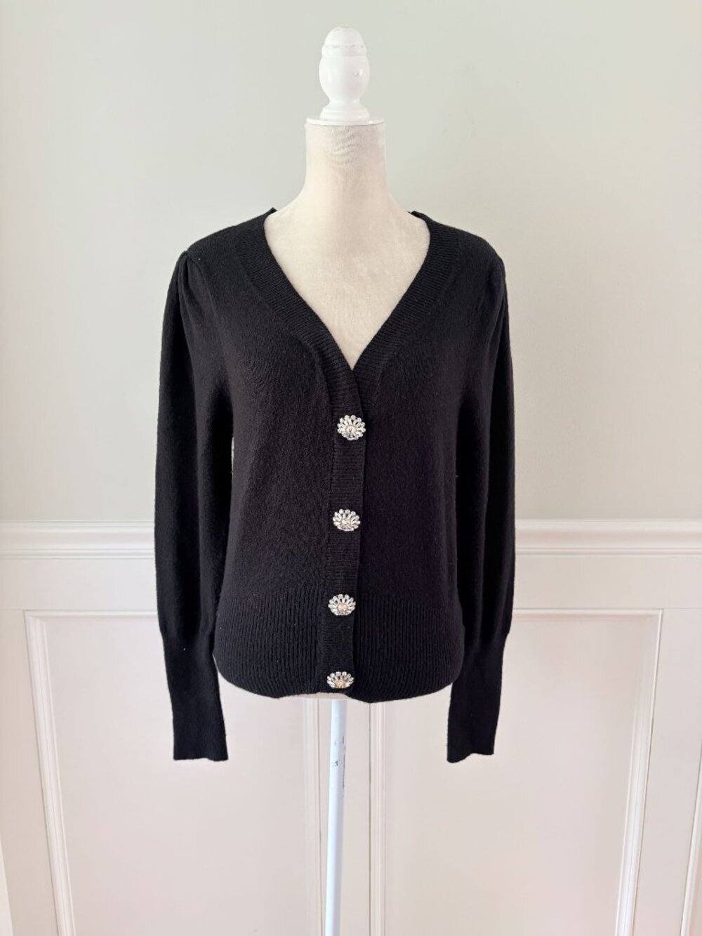 Express Black Cardigan Sweater With Rhinestone Buttons V-Neck Ribbed Hem Size S